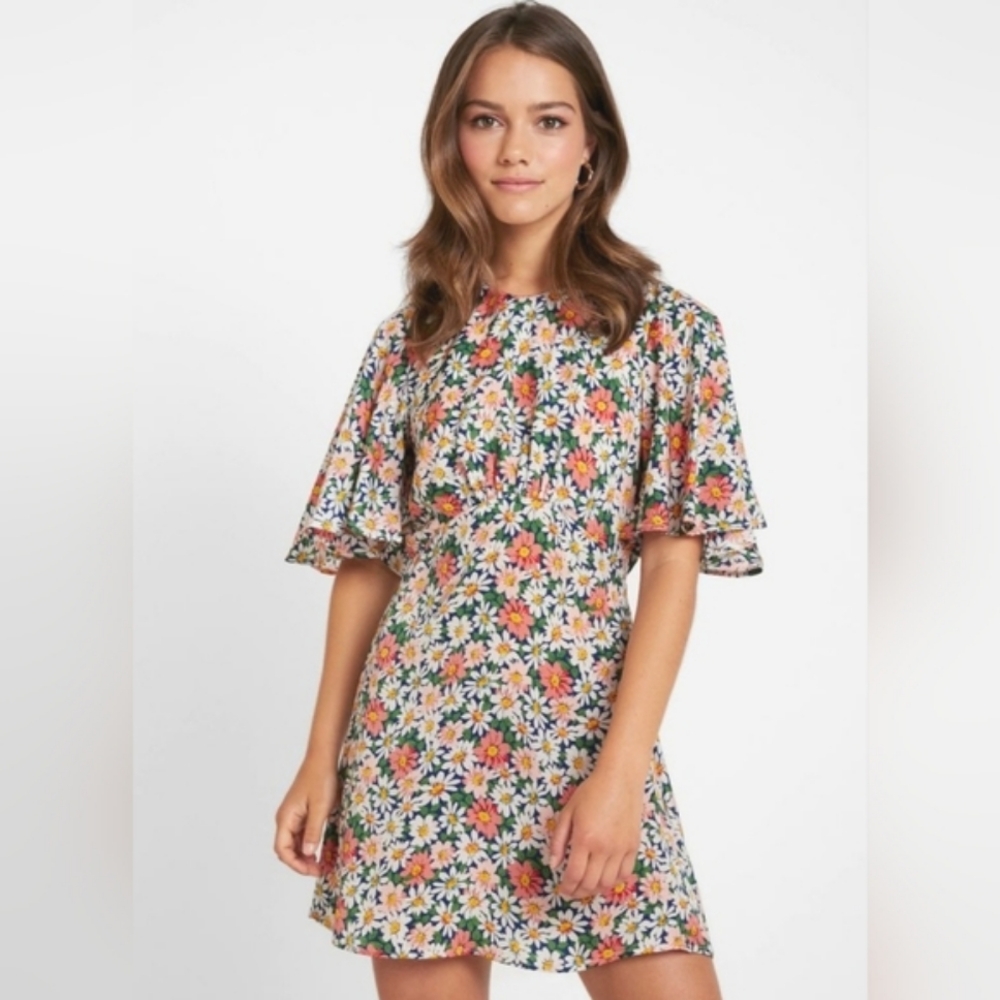 Topshop Austin Floral Daisy Mini Dress Cut Out Back Angel Sleeves Size 6